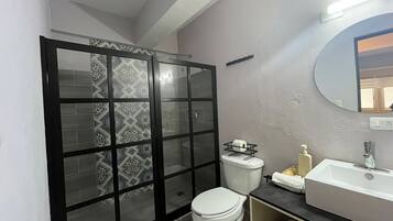 Shower, towels, soap, shampoo