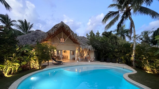 A pool with a curved edge, a thatched-roof building, and palm trees.