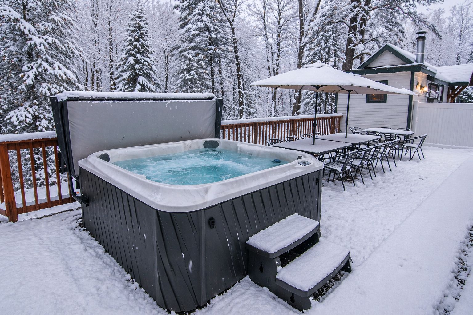 A hot tub with a wooden deck, surrounded by snow-covered trees and a wooden fence.