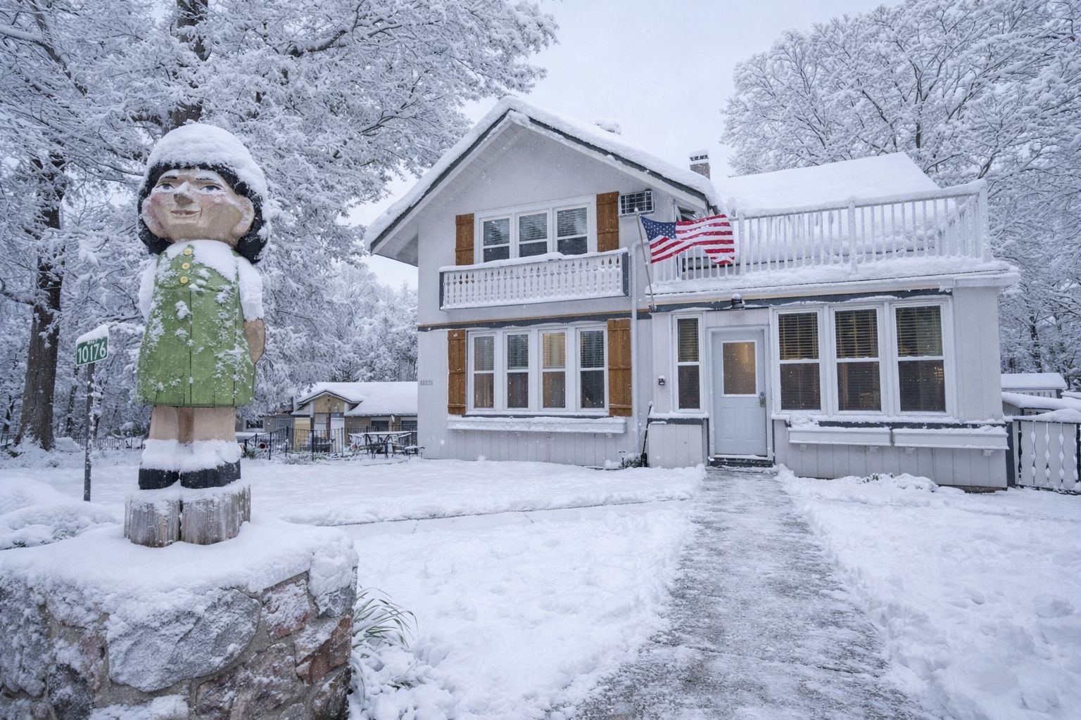 A two-story building with a balcony, a flag, and a snow-covered environment.