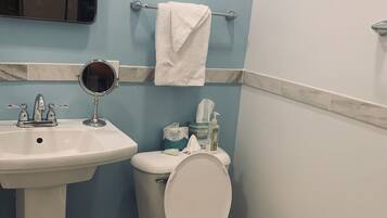 Duschwanne, Haartrockner, Handtücher, Seife