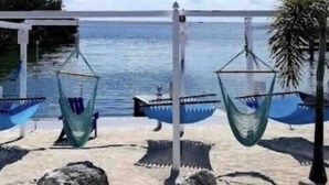 Ein Strand mit zwei Hängestühlen, einer Palme und Blick auf das Meer.