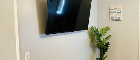 A wall-mounted flat-screen TV, a potted plant, and a motivational poster on a plain wall.