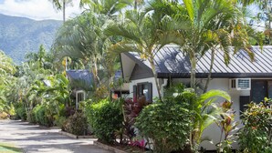 Una hilera de casas con entrada pavimentada, rodeadas de exuberante vegetación tropical y una montaña al fondo.
