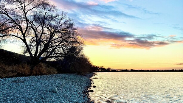 A pebbled riverbank with a tree and a sunset in the background. - Comfortable studio just 3 minutes drive to downtown Moses Lake (Moses Lake)