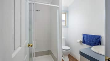 A bathroom with a shower, toilet, and sink.