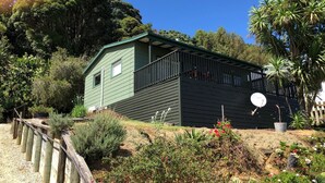 A two-story building with a green roof and black siding, surrounded by a variety of plants and trees. - The Kakariki Cottage - Experience all that Aotea has to offer (Aotea, Kawhia)