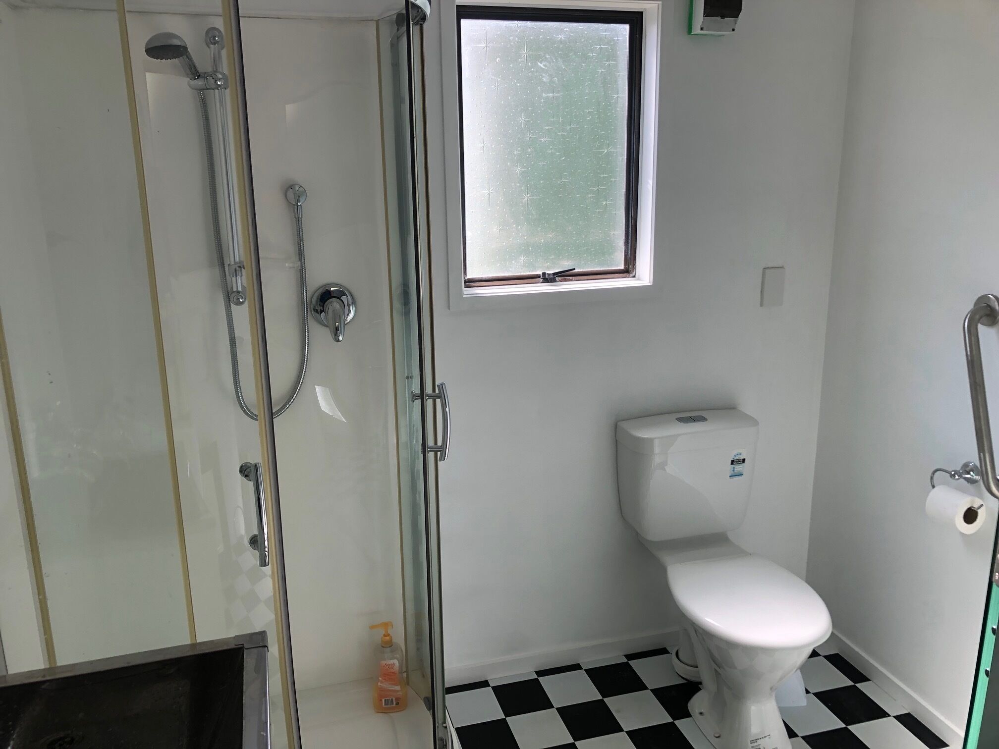 Shower, towels, soap, toilet paper