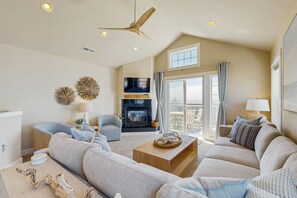 TV, fireplace, DVD player, books