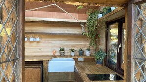 Uma cozinha rústica de madeira com pia embutida, plantas em vasos e plantas pendentes.