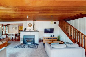 TV, caminetto, lettore DVD, libri