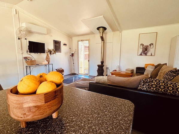 Smart TV, caminetto, libri, impianto stereo