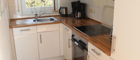 Coffee/tea maker, fridge, microwave, oven