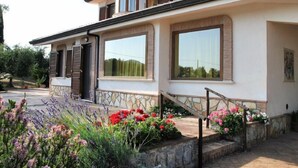 Una casa moderna de dues plantes amb façana de pedra, grans finestres i teulat corbat.