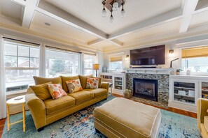 TV, fireplace, video games, DVD player