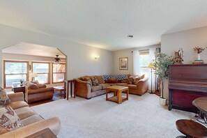 Télévision, cheminée, lecteur de DVD, livres