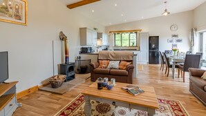 Ein gemütliches Wohnzimmer mit einem braunen Ledersofa, einem Holztisch und einem Kamin.