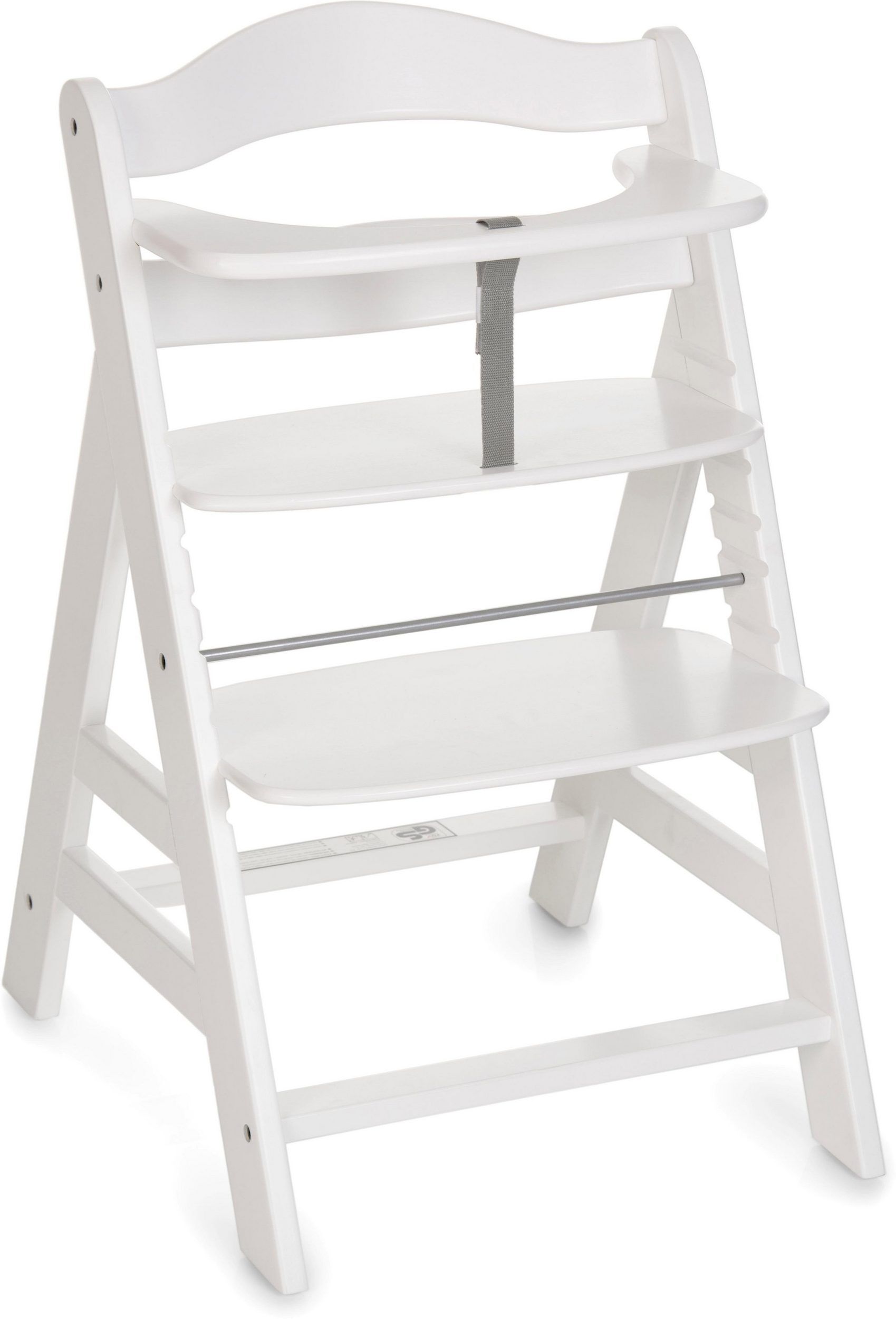A white, three-tiered, freestanding shelf unit with a metal bar for support.
