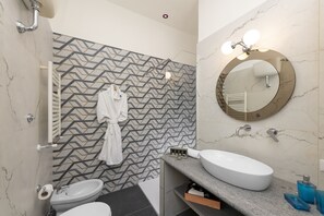 Shower, hair dryer, bidet, towels
