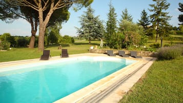 Indoor pool, outdoor pool, open 7:00 AM to 7:00 PM, pool loungers