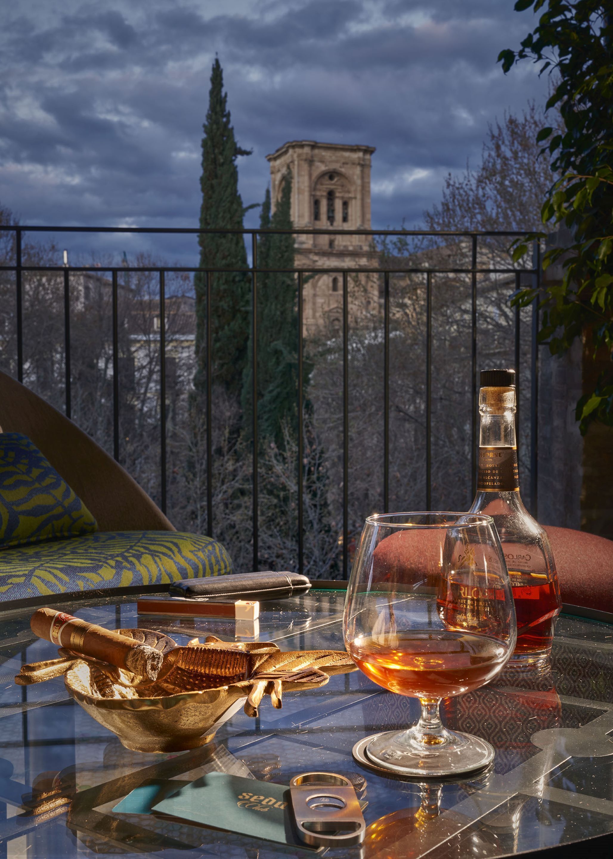 A table with a bottle of liquor, a glass, and a bowl of snacks, set against a view of a tower and trees.