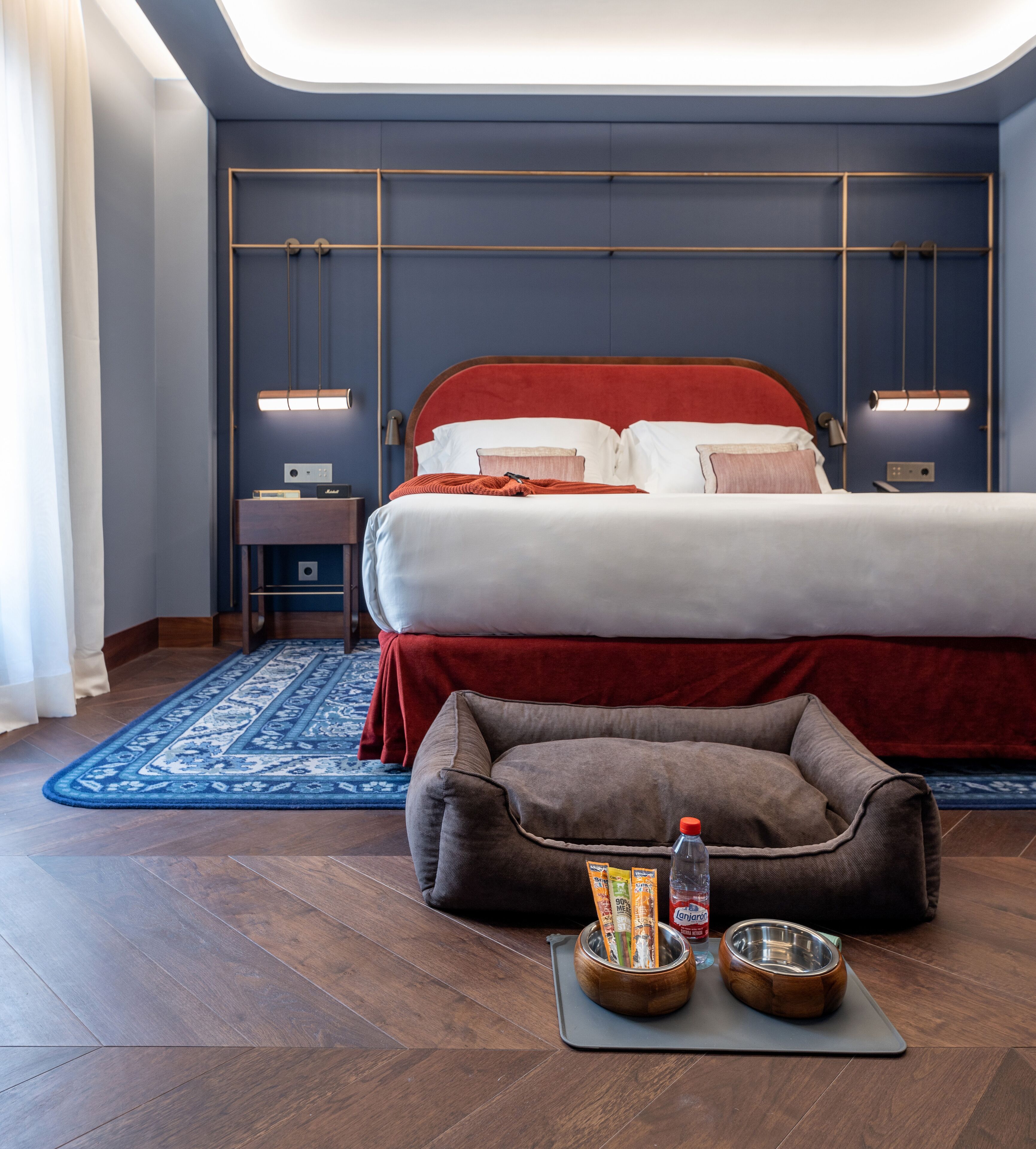 Una habitación de hotel moderna con una cama grande, cabecera de madera, mesita de noche, escritorio, alfombra estampada azul y una cama para mascotas con cuencos.