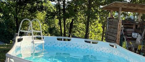 An above-ground swimming pool with a ladder, surrounded by trees.