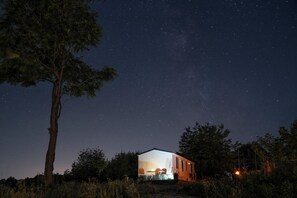 A house with a large window and a door, surrounded by trees and a clear night sky.
