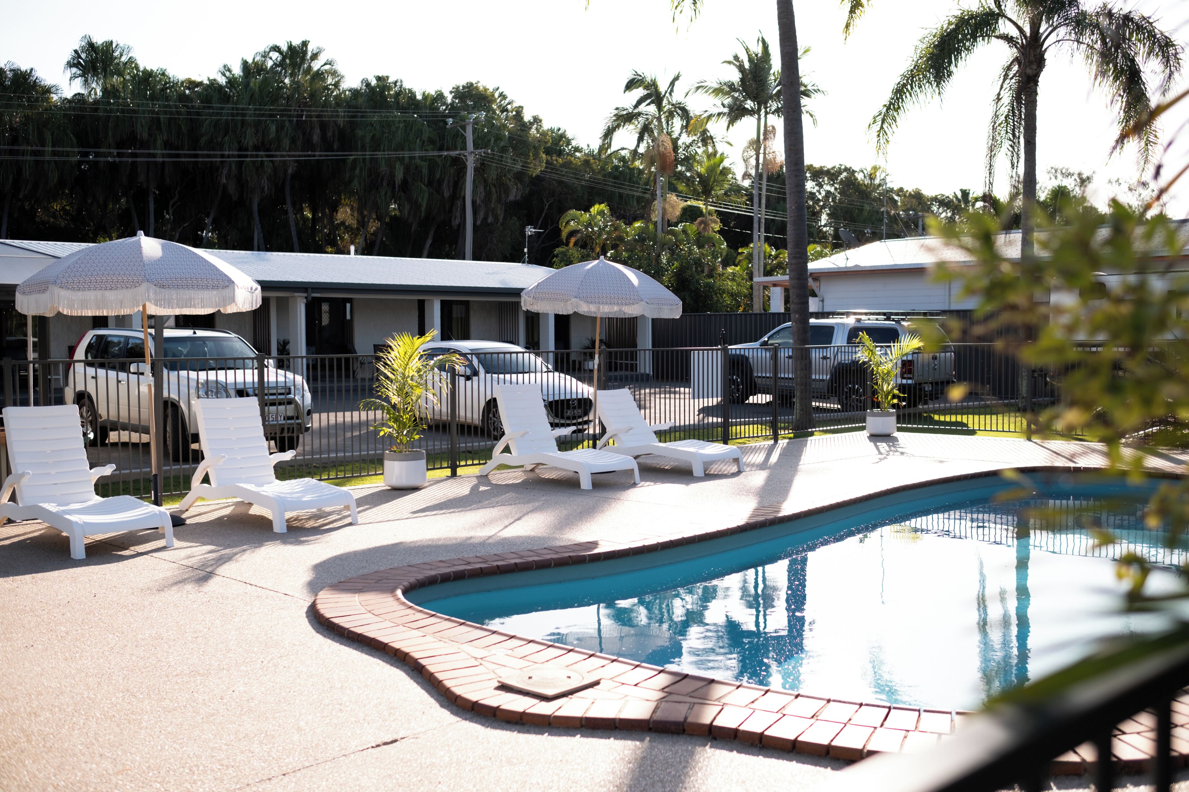A swimming pool with lounge chairs and umbrellas, surrounded by a fence and palm trees.