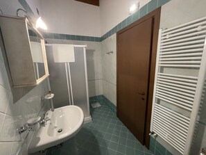 Shower, hair dryer, towels, toilet paper