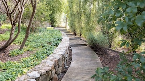 A stone wall with a wooden pathway curving through a garden with various plants and trees. - 25 Walkers Lane - Luxurious living with breath taking views (Bright)