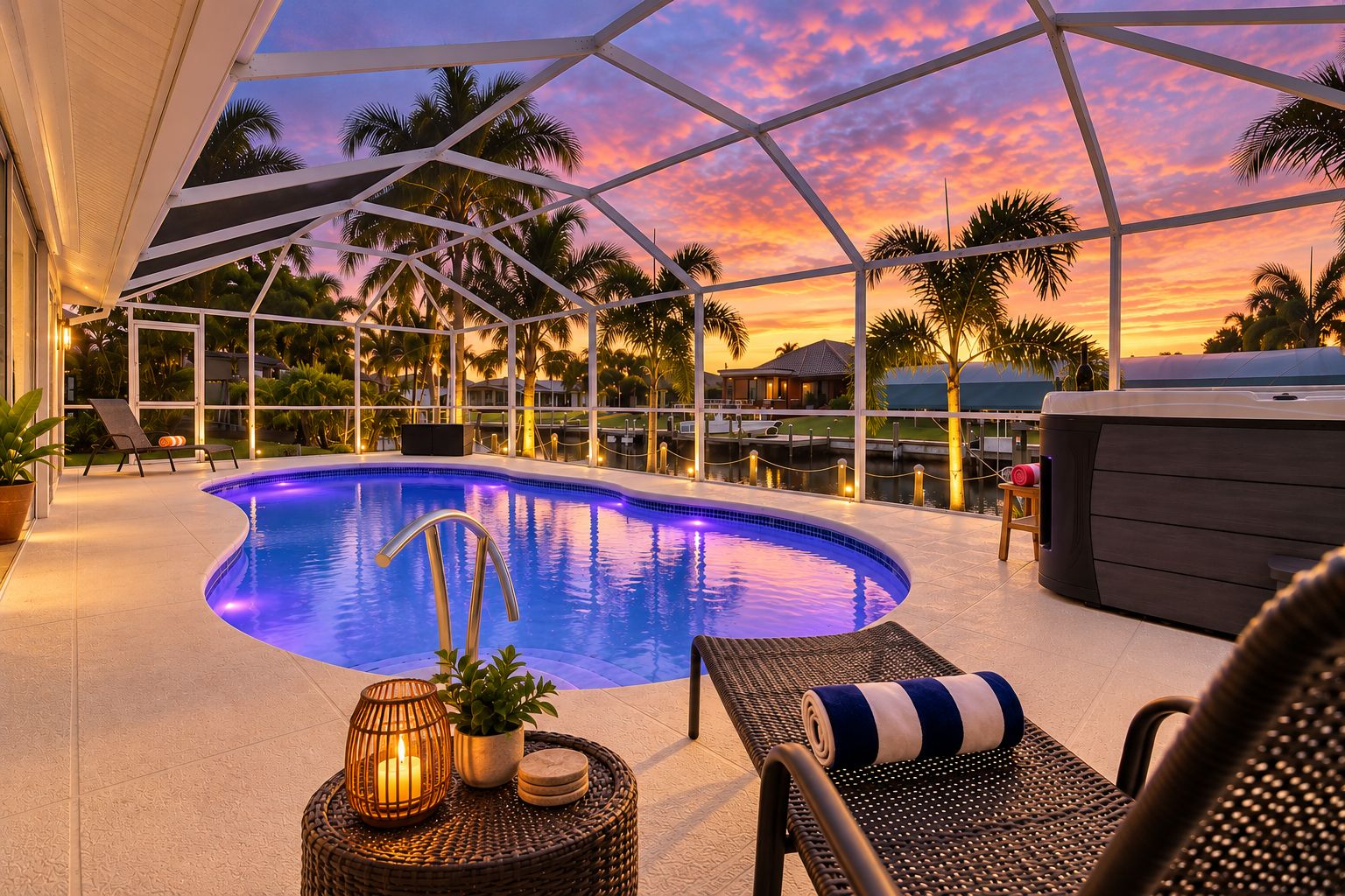 Une piscine avec vue sur le coucher de soleil, des chaises longues et un jacuzzi.