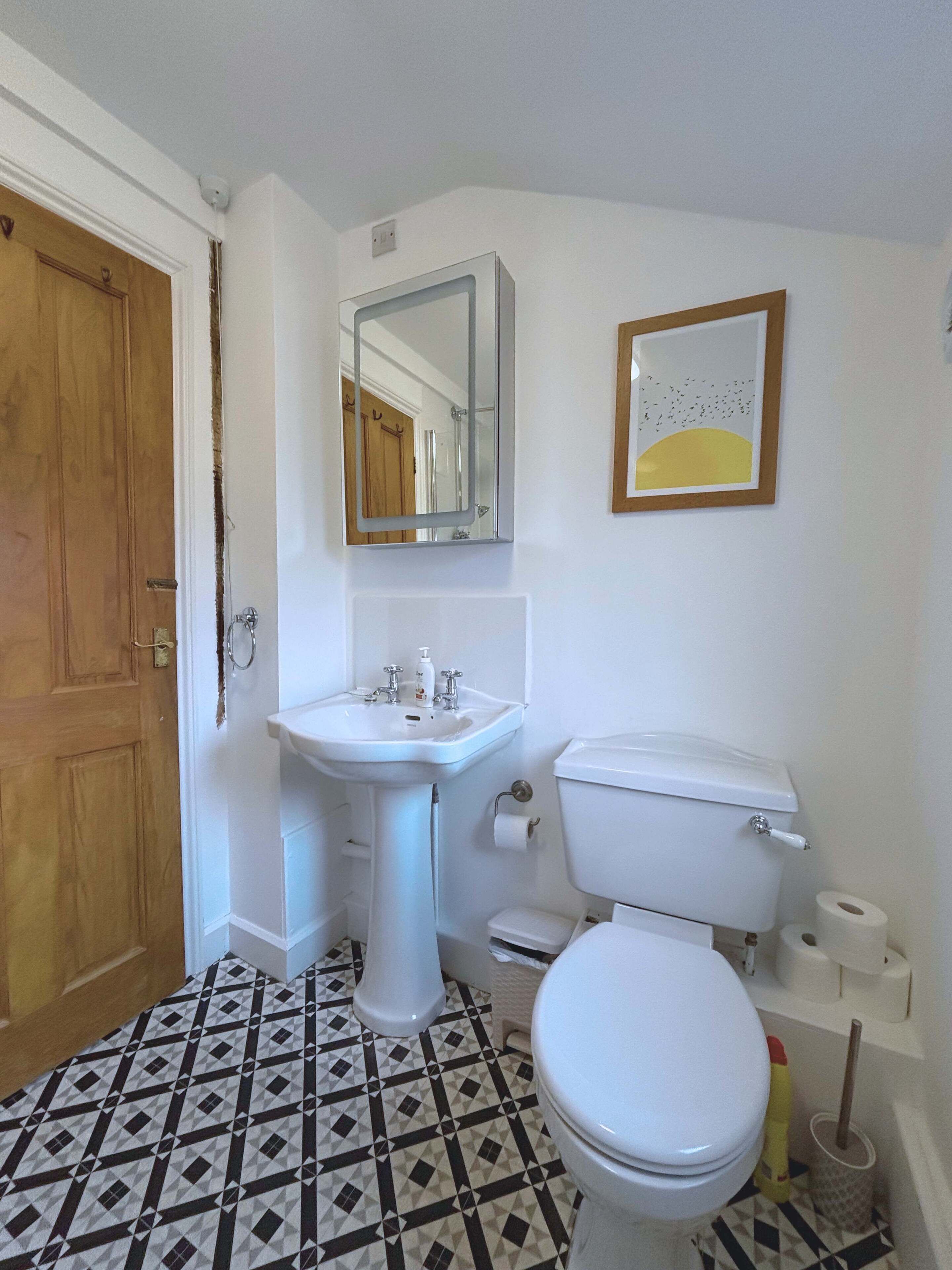 Et badeværelse med toilet, håndvask og spejl.
