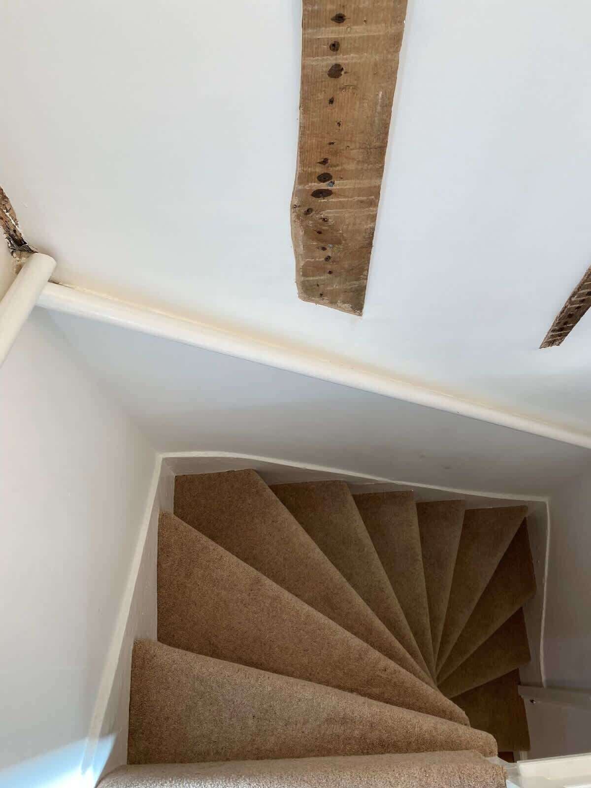 A spiral staircase with a beige carpet.