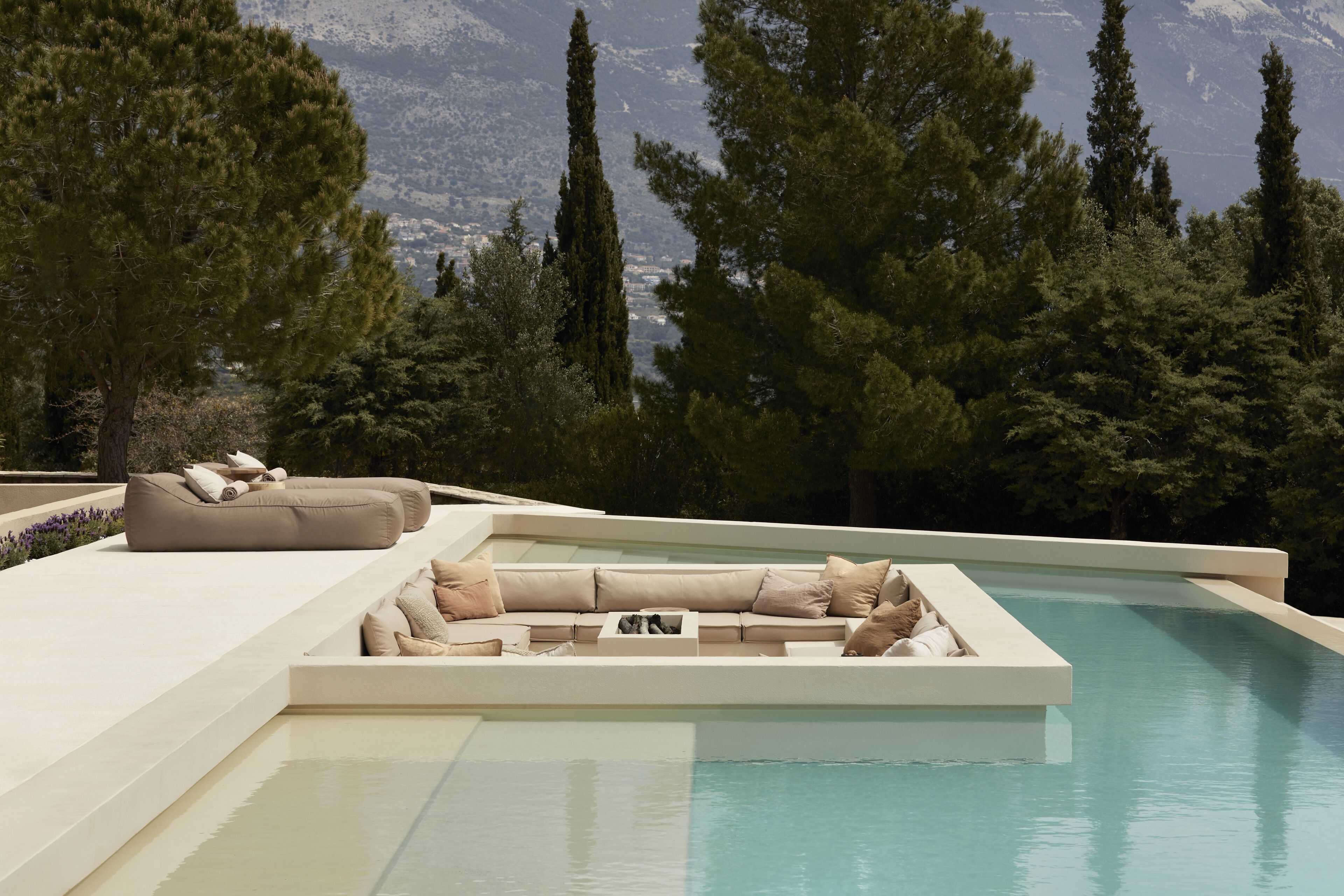 Outdoor pool, pool umbrellas, pool loungers