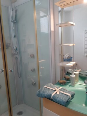 Douche, séchoir à cheveux, savon, papier de toilette