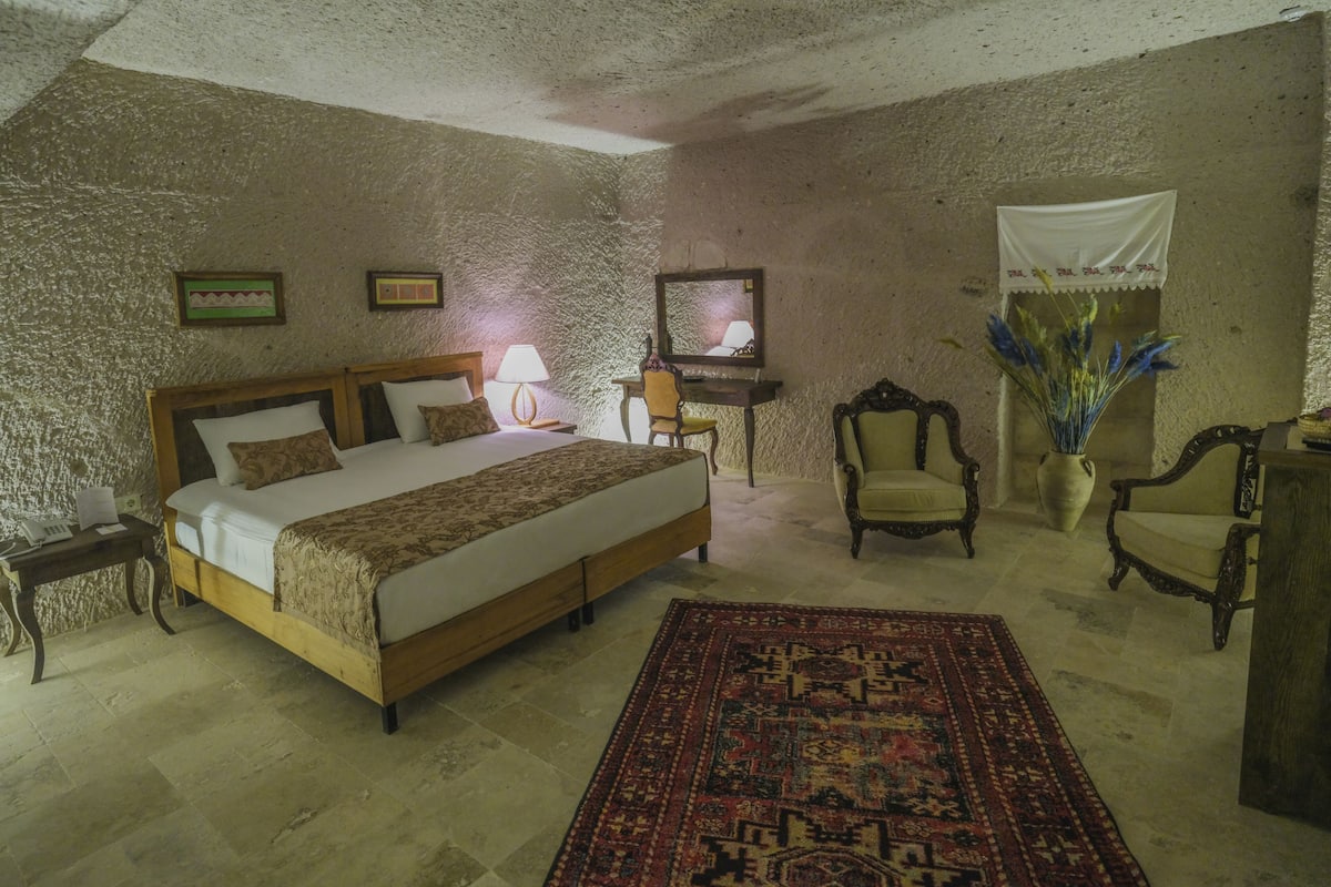 Une chambre à coucher avec un grand lit, une table de chevet, une chaise, un bureau, un miroir et une plante en pot.