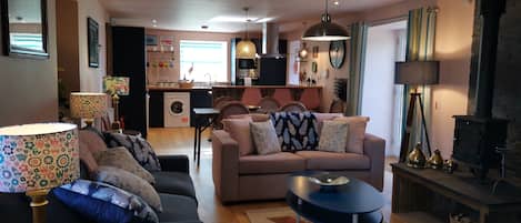Smart TV, fireplace, books, stereo
