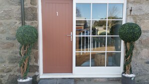 A brown door with the number 1, a large window, and two potted topiary trees.