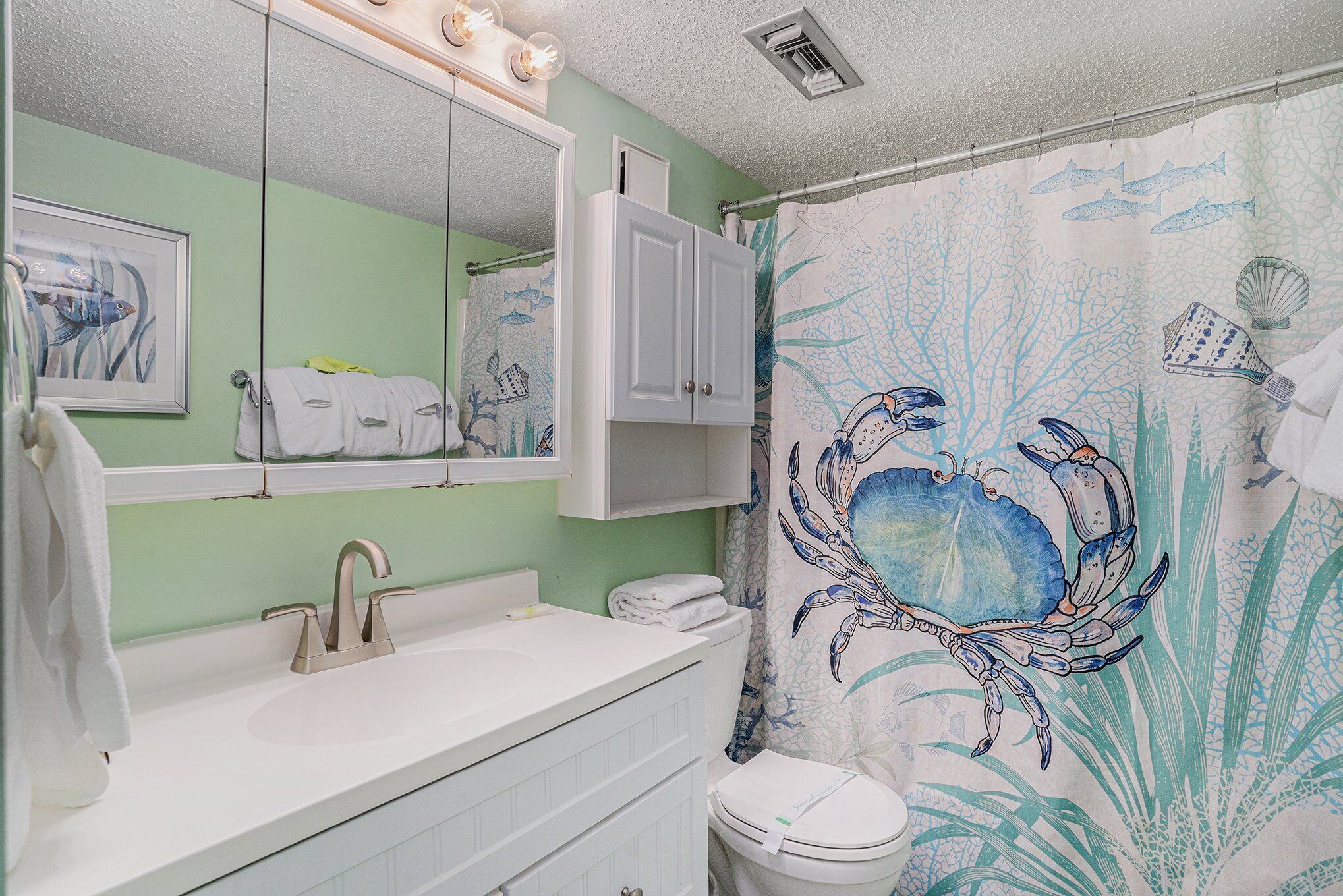 Une salle de bain équipée d’un lavabo, d’un miroir, de placards et d’un rideau de douche orné de motifs de crabes.