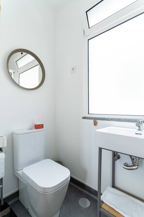Bathroom features a white toilet, round mirror, and sleek sink with metallic faucet.