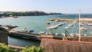 A harbor with numerous boats docked, a stone wall, and a view of a hilly landscape in the background. - Ty Cwtch (Tenby)