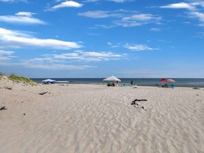 A beach with tents and umbrellas, sandy terrain, and the ocean in the background.