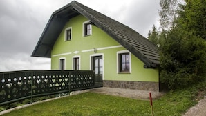 A two-story house with a sloped roof, a stone foundation, and a green exterior. - Apartment Sara (Vitanje)