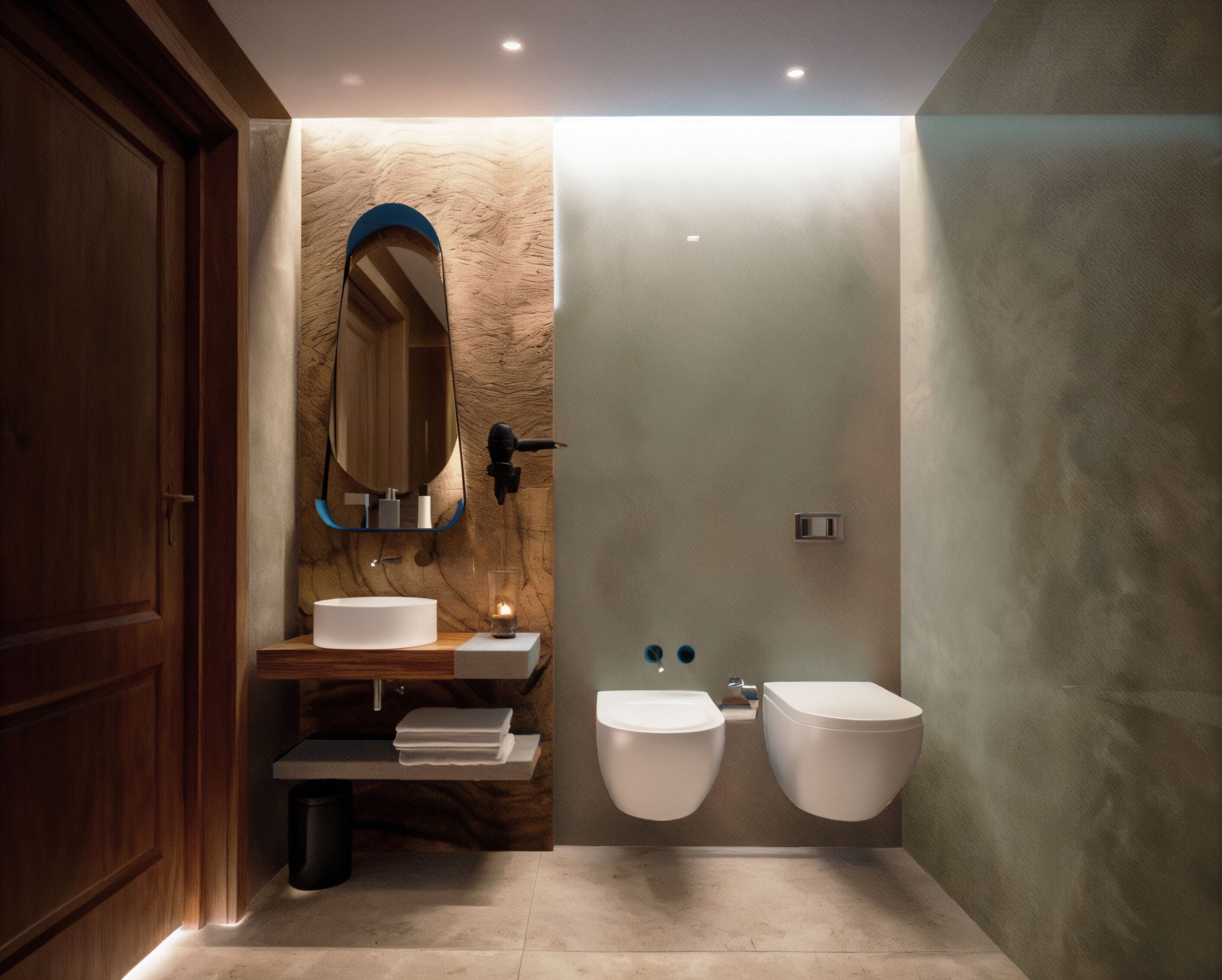 A modern bathroom with a wooden vanity, a large mirror, two toilets, and a small trash bin.