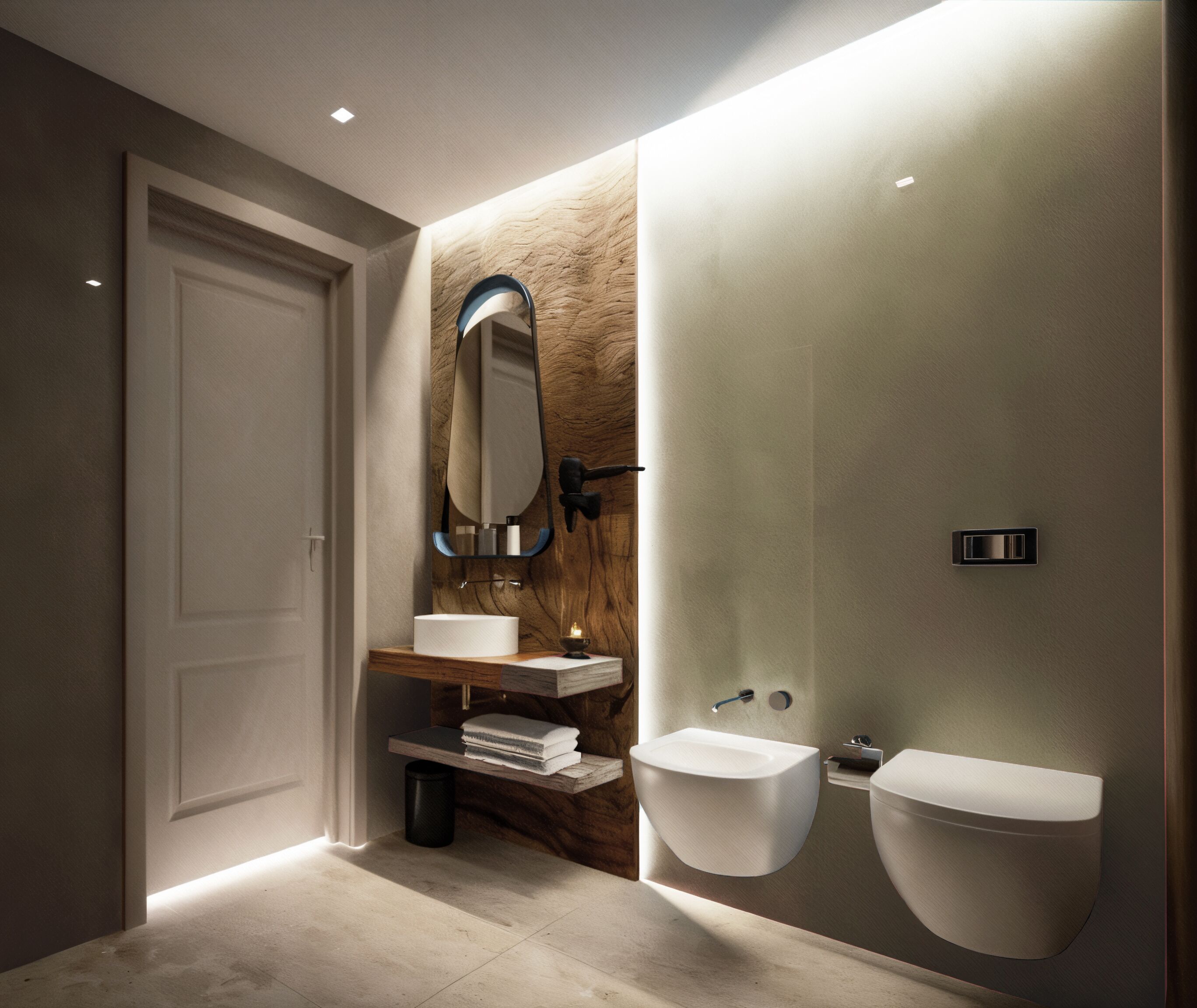 A modern bathroom with a wooden accent wall, a large mirror, a sink, and a toilet.