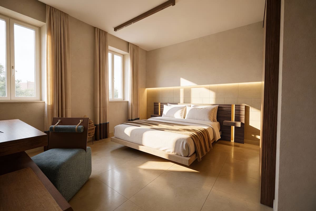 A modern hotel room with a bed, a desk, and a chair.
