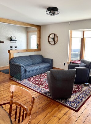 Smart TV, fireplace, DVD player, books