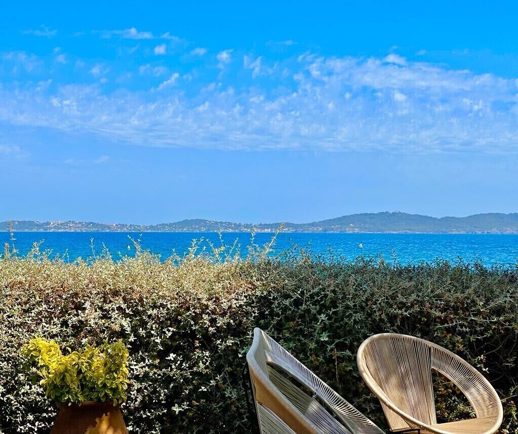 A view of the sea with a chair and a potted plant in the foreground.