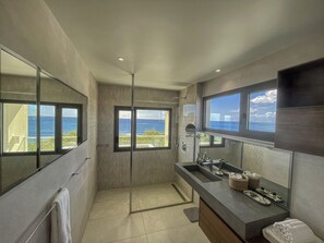 Regadera, secadora de cabello, bidet, toallas 